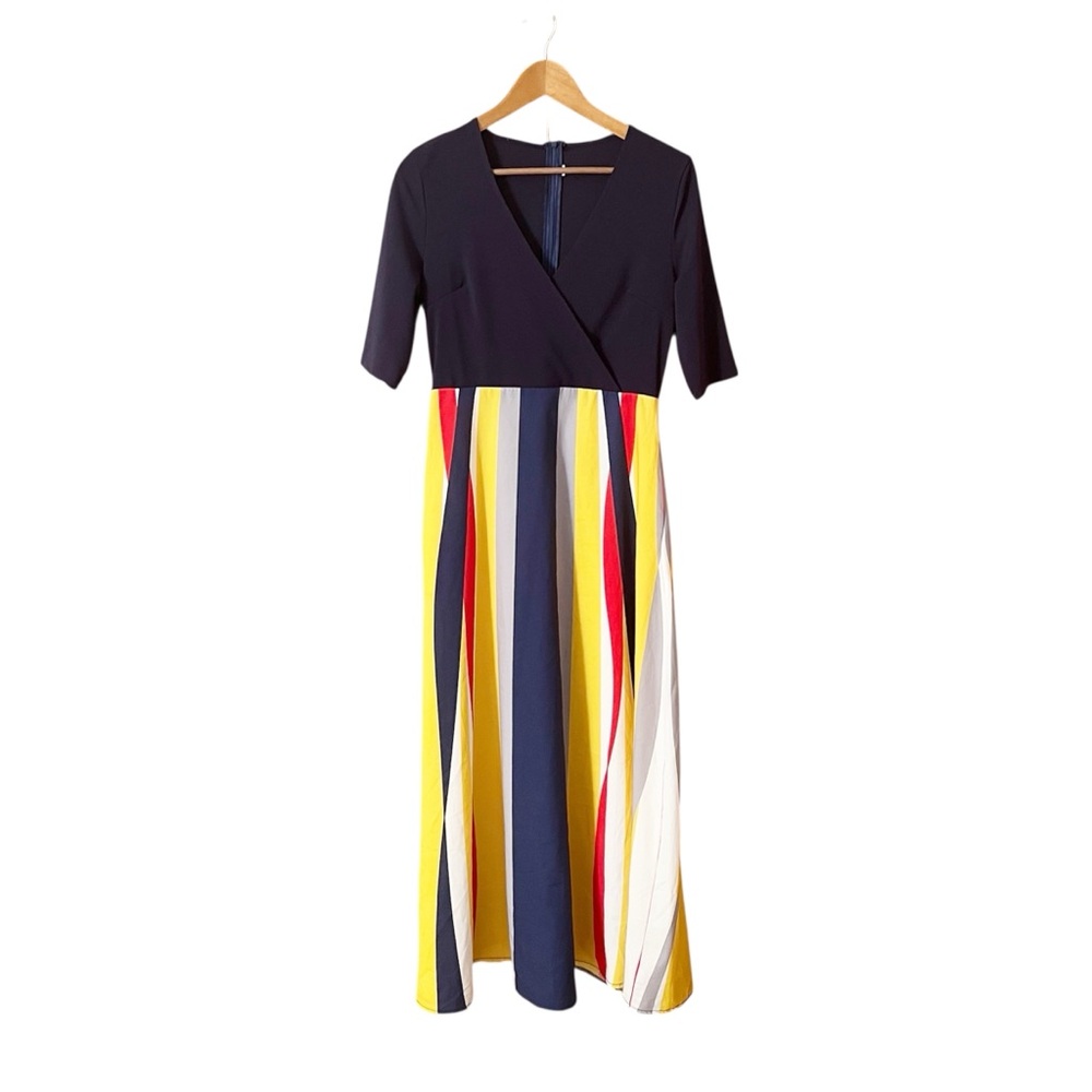 Maxi Multicolor Striped M Dress 3/4 Sleeves Faux Wrap Pockets V Neck Roman